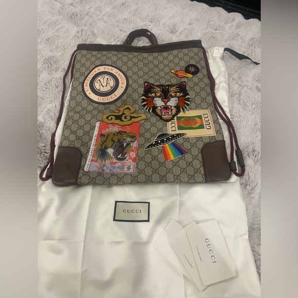 Gucci Ann Gris-Cat Drawstring 2WAY Backpack GG Supreme Beige x Brown Unisex - Picture 5 of 9